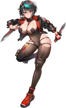 1girl aqua_streaks ark_re:code bare_hips black_hair bodysuit bone breasts cleavage clothing_cutout combat_knife dual_wielding fingerless_gloves full_body game_cg gloves hair_intakes hip_vent holding holding_knife jacket knife large_breasts looking_at_viewer non-web_source official_art open_clothes open_jacket prosthesis prosthetic_leg red_eyes see-through_body short_hair single_fingerless_glove single_glove skindentation smile solo tachi-e taryn_(ark_re:code) thick_thighs thighs transparent_background tsurime weapon