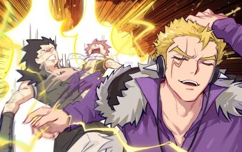 3boys black_hair black_jacket black_shirt blonde_hair clenched_teeth closed_eyes coat commentary earphones electricity electrocution english_commentary fairy_tail fur-trimmed_coat fur_trim gajeel_redfox headphones highres jacket laxus_dreyar meme motion_lines multiple_boys naoya_hitting_choso_without_looking_(meme) natsu_dragneel open_mouth pants pink_hair purple_shirt scar scar_on_face scarf shirt sleeveless sleeveless_shirt teeth white_pants white_scarf youjun_zzz
