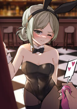 1girl 1other ;) alternate_costume animal_ears bar_(place) bar_stool black_bow black_bowtie black_leotard blurry blurry_background blush bow bowtie breasts checkered_floor closed_mouth controller counter detached_collar fake_animal_ears grey_eyes grey_hair hair_bun hand_up heart holding holding_remote_control implied_vibrator indoors leotard medium_breasts one_eye_closed pantyhose playboy_bunny pov pov_hands rabbit_ears remote_control remote_control_vibrator reverse:1999 sex_toy short_hair single_side_bun smile speech_bubble spoken_heart stool strapless strapless_leotard traditional_bowtie vertin_(reverse:1999) vibrator white_wrist_cuffs wrist_cuffs yona_(illusty0na)