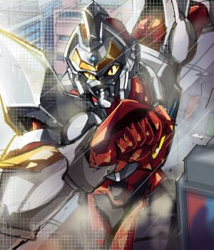 Rule 34 | 1boy, building, clenched hands, commentary, denkou choujin gridman, english commentary, gao ex kaiser, giant, gridman (character), gridman (denkou choujin), looking ahead, making-of available, male focus, motion lines, orange eyes, running, sketch, solo, tokusatsu