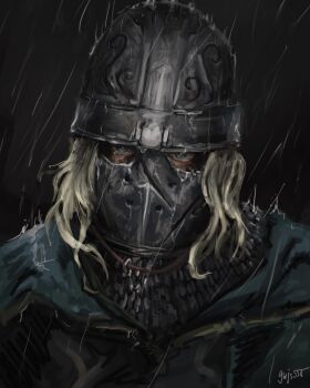 1boy armor blue_cape blue_eyes cape chainmail commentary_request creighton_of_mirrah dark_souls_(series) dark_souls_ii grey_hair gwjs555 helmet highres looking_at_viewer male_focus mask masked rain short_hair solo upper_body