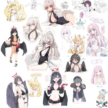 absurdres artist_collaboration artist_request bikini black_bikini black_hair blonde_hair blue_archive breasts brown_hair character_request cleavage commentary_request cosplay frilled_bikini frills gen_3_pokemon gen_8_pokemon grookey halo hasumi_(blue_archive) hasumi_(swimsuit)_(blue_archive) highres ichika_(blue_archive) ichika_(swimsuit)_(blue_archive) justice_task_force_member_(blue_archive) marshtomp mika_(blue_archive) mika_(swimsuit)_(blue_archive) nagisa_(blue_archive) nagisa_(swimsuit)_(blue_archive) navel nessa_(pokemon) nessa_(pokemon)_(cosplay) nintendo official_alternate_costume official_alternate_hairstyle one-piece_swimsuit pink_hair pokemon pokemon_(creature) ponytail seia_(blue_archive) seia_(swimsuit)_(blue_archive) speech_bubble sunglasses swimsuit tea_party_(blue_archive) toki_(blue_archive) translation_request wayanut white_background white_bikini wings