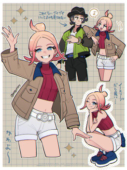 1boy 1girl :d arm_up bare_shoulders belt belt_pouch black_hair black_hat black_pants blonde_hair blue_belt blue_eyes blue_shoes breasts brown_jacket closed_mouth commentary_request crop_top cropped_legs cropped_shirt full_body gradient_hair green_jacket grin hair_bun hat highres jacket long_sleeves looking_at_another looking_at_viewer mega_ring midriff mogutory multicolored_hair musical_note navel nintendo no_jacket one_eye_closed open_clothes open_jacket open_mouth pants parted_bangs paxton_(pokemon) pink_hair pokemon pokemon_legends:_z-a pouch red_shirt ribbed_shirt shirt shoes short_hair short_shorts shorts sidelocks small_breasts smile sneakers spoken_musical_note squatting standing striped_hat taunie_(pokemon) teeth translation_request turtleneck turtleneck_shirt twitter_username white_shirt white_shorts