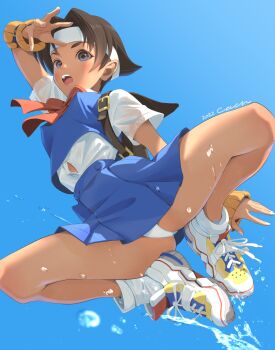 Rule 34 | 1girl, backpack, bag, blue eyes, bow, brown hair, cacn, capcom, commentary request, covered erect nipples, fingerless gloves, gloves, headband, highres, justice gakuen, legs, looking at viewer, open mouth, panties, school uniform, shoes, short hair, skirt, sneakers, taiyou gakuen uniform, teeth, underwear, upper teeth only, very short hair, wakaba hinata, wet, white panties