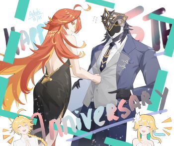 2boys 2girls absurdres acheki aether_(genshin_impact) ahoge black_dress black_necktie blonde_hair blue_suit capitano_(genshin_impact) collared_shirt dress formal_clothes genshin_impact highres jacket long_hair lumine_(genshin_impact) mavuika_(genshin_impact) multiple_boys multiple_girls necktie orange_eyes orange_hair orange_pupils pants shirt short_hair_with_long_locks suit suit_jacket symbol_in_eye