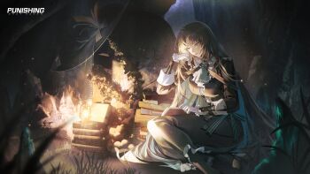 1girl absurdres arm_up ascot black_eyes black_lips black_pants black_suit blonde_hair book book_stack breasts collar colored_inner_hair commentary copyright_name dress english_commentary formal_clothes frilled_collar frilled_gloves frilled_pants frills gloves green_ascot green_hair highres lamp large_breasts long_hair long_sleeves looking_at_object melinoe_(pgr) multicolored_hair official_art pants punishing:_gray_raven reading sitting skeletal_arm sleeve_cuffs solo stuffed_animal stuffed_toy suit teddy_bear very_long_hair white_gloves