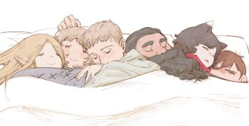 3boys 3girls :&gt; animal_ears beard bed black_hair blonde_hair boy_and_girl_sandwich brother_and_sister cat_ears cat_girl chilchuck_tims cuddling dungeon_meshi elf facial_hair falin_touden falin_touden_(tallman) highres hug izutsumi laios_touden long_beard marcille_donato multiple_boys multiple_girls pillow pointy_ears sandwiched senshi_(dungeon_meshi) shared_bed siblings sleeping thick_eyebrows triangle_mouth under_covers wenli