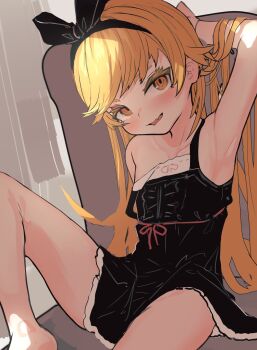 Rule 34 | adjusting hair, armpits, black dress, blonde hair, bow, colored eyelashes, dress, fang, hair bow, highres, long hair, looking at viewer, madana (xesa7885), monogatari (series), oshino shinobu, skin fang, solo, thick eyelashes, thighs