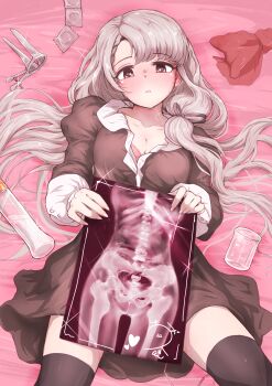 1girl absurdres asymmetrical_bangs bed_sheet black_dress black_thighhighs blush bone bra braid braided_bangs breasts cleavage collarbone condom condom_wrapper dress feet_out_of_frame flask grey_hair hair_ribbon hair_spread_out highres hisakawa_nagi idolmaster idolmaster_cinderella_girls long_hair looking_at_viewer lotion lying on_back pink_bra revision ribbon round-bottom_flask small_breasts solo speculum sweat thighhighs tomawarinosuizou underwear very_long_hair x-ray_film