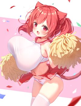 absurdres alternate_costume animal_ears azur_lane blush bow breasts cat_ears cat_girl cat_tail cheerleader clothes_lift crop_top fang highres huge_breasts i-19_(azur_lane) loli long_hair looking_at_viewer midriff miniskirt navel open_mouth oppai_loli panties paw_print pink_background pom_pom_(cheerleading) qian_hen red_bow red_eyes red_sailor_collar red_skirt sailor_collar shirt skin_fang skirt skirt_lift sleeveless sleeveless_shirt sweat tail thighhighs twintails two-tone_background unaligned_breasts underwear white_background white_panties white_shirt white_thighhighs wind wind_lift