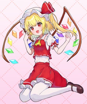 1girl absurdres ascot blonde_hair bow brown_shoes collared_shirt commentary_request crystal crystal_wings flandre_scarlet frilled_shirt_collar frills hat hat_ribbon highres long_hair looking_at_viewer mob_cap multicolored_wings one_side_up open_mouth pantyhose pink_background puffy_short_sleeves puffy_sleeves red_bow red_eyes red_skirt red_vest ribbon ribbon-trimmed_vest shirt shoes short_sleeves skirt skirt_set sleeve_bow smile solo touhou vest white_hat white_pantyhose white_shirt wings yellow_ascot youkibutsu