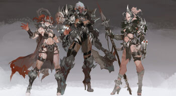 Rule 34 | 3girls, armored boots, axe, blood, bloody weapon, boots, breasts, cape, cleavage, dark-skinned female, dark skin, full body, high heel boots, high heels, highres, holding, holding axe, holding polearm, holding weapon, knee boots, large breasts, long hair, looking at viewer, mask, medium breasts, midriff, mouth mask, multiple girls, navel, original, pointy ears, polearm, red hair, simple background, skull, smile, smjim1986, spear, torn cape, torn clothes, weapon, white hair, yellow eyes