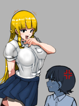 Rule 34 | +++, 1boy, 1girl, anger vein, blonde hair, blue skirt, blunt bangs, breast pocket, breasts, clenched teeth, collared shirt, cowboy shot, drill hair, drill sidelocks, fang, frown, hand to own mouth, highres, kaneda mochiko, large breasts, light blush, long hair, minami no uo-za, mount celeb kaneda-san, ojou-sama pose, open mouth, parted lips, pleated skirt, pocket, school uniform, shirt, short hair, short sleeves, sidelocks, skirt, smile, teeth, usui sachio, v-shaped eyebrows, white shirt