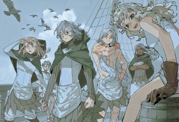 Rule 34 | 2girls, 4boys, bird, brown gloves, cithis, crossed arms, dungeon meshi, fleki, gloves, grey hair, hood, lycion, milsiril, mithrun, mon g 11, multiple boys, multiple girls, pattadol, pointy ears, ship, sitting, standing, tattoo, watercraft