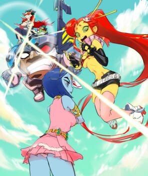 2girls 3boys anti-materiel_rifle armlet beast_boy_(dc) belt bikini bikini_top_only blue_skin cape clenched_teeth cloud colored_sclera colored_skin cosplay crossed_arms cyborg_(dc) dark_skin day dc_comics dick_grayson fingerless_gloves gloves green_sclera green_skin gun gyosone hair_ornament hairclip jewelry kamina_(cosplay) kamina_(ttgl) kamina_shades lagann lens_flare long_hair mecha mechanization multiple_boys multiple_girls navel nia_teppelin nia_teppelin_(cosplay) panties pantyshot parody ponytail purple_hair raven_(dc) red_hair rifle robin_(dc) robot scarf short_hair simon_(cosplay) simon_(ttgl) skirt sky sniper_rifle standing starfire studded_belt swimsuit teen_titans teeth tengen_toppa_gurren_lagann thighhighs triangular_eyewear underwear upskirt weapon white_belt yellow_skin yoko_littner yoko_littner_(cosplay)