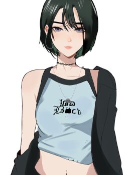 Rule 34 | 1girl, alien stage, black hair, black jacket, blue shirt, closed mouth, commentary, crop top, cropped shirt, double-parted bangs, earrings, english commentary, expressionless, highres, jacket, jewelry, le sserafim, looking at viewer, midriff, navel, necklace, open clothes, open jacket, photo-referenced, pink lips, print shirt, purple eyes, raimusoft, shirt, short hair, simple background, single off shoulder, sleeveless, sleeveless shirt, solo, sua (alien stage), torn clothes, torn shirt, upper body, white background