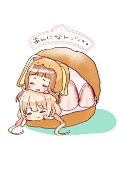 2girls animal_ears animal_hood blonde_hair blush brown_eyes chibi closed_eyes closed_mouth colored_shadow fake_animal_ears food fruit futaba_anzu highres hood ichihara_nina idolmaster idolmaster_cinderella_girls idolmaster_cinderella_girls_starlight_stage in_food long_hair low_twintails multiple_girls rabbit_ears rabbit_hood rino_cnc shadow short_eyebrows strawberry thick_eyebrows translation_request twintails very_long_hair wavy_mouth white_background