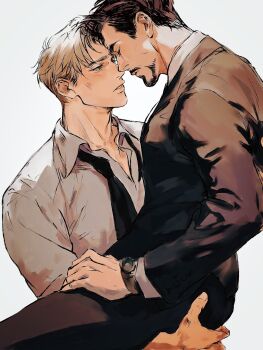 Rule 34 | 2boys, avengers (series), black jacket, black necktie, black pants, blonde hair, blue eyes, brown hair, closed eyes, closed mouth, collared shirt, commentary, english commentary, facial hair, formal clothes, grabbing another's ass, groping, half-closed eyes, highres, jacket, lapels, lips, long sleeves, looking at another, male focus, malkogromit, marvel, multiple boys, necktie, pants, shirt, short hair, simple background, sitting, sitting on person, steve rogers, suit, suit jacket, teeth, tony stark, watch, white background, white shirt, wristwatch, yaoi