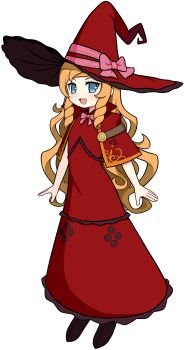 1girl :d absurdres ami_(ammy33) blue_eyes bow capelet commission doctor_magus doctor_magus_4 dress etrian_odyssey fang flat_chest full_body hat hat_bow hat_ribbon highres long_dress long_hair open_mouth pink_bow pink_ribbon pixiv_commission red_capelet red_dress ribbon ringlets sekaiju_no_meikyuu sekaiju_no_meikyuu_2 smile transparent_background very_long_hair witch_hat