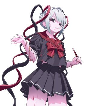 1girl absurdres black_eyes black_hair black_serafuku bleeding blood boxcutter chouzetsusaikawa_tenshi-chan chouzetsusaikawa_tenshi-chan_(dark_angel) cigarette cuts grey_hair highres injury long_hair m_psycho_83 needy_girl_overdose quad_tails red_hair red_sailor_collar sailor_collar school_uniform self-harm serafuku smile smoking solo very_long_hair