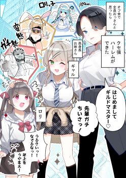 Rule 34 | 3girls, ;d, absurdres, ahoge, arrow (symbol), black hair, black pants, black skirt, black socks, blue background, blue eyes, blue hair, blue necktie, bow, breasts, brown cardigan, cardigan, cardigan around waist, chikuwa., clothes around waist, collarbone, collared shirt, commentary request, diagonal-striped clothes, diagonal-striped necktie, dress shirt, green eyes, grey hair, gyaru, hair bow, hair ornament, hair over one eye, hairclip, headpat, heart, height, highres, kneehighs, kogal, large breasts, miniskirt, mole, mole under mouth, multiple girls, necktie, one eye closed, open mouth, original, pants, parallel hairclips, pink eyes, plaid clothes, plaid skirt, playboy bunny, pointy ears, red bow, school uniform, shirt, short hair, skirt, smile, socks, sparkle, spoken heart, striped clothes, twintails, two side up