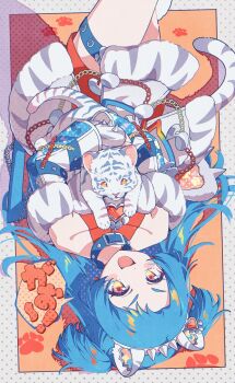 Rule 34 | 1girl, :d, animal, animal collar, animal ear hairband, animal ears, bare shoulders, blue hair, blue sleeves, blush stickers, cat ears, collar, commentary, detached sleeves, dolldolldd, fake animal ears, hachiouji vivi, hairband, highres, himitsu no aipri, holding, holding animal, idol, idol clothes, knees up, long hair, long sleeves, looking at viewer, lying, on back, open mouth, pretty series, smile, solo, speech bubble, spiked hairband, spikes, straight hair, symbol-only commentary, thigh strap, tiger, translation request, two-tone sleeves, two side up, upside-down, v-shaped eyebrows, white hairband, white sleeves, yellow eyes