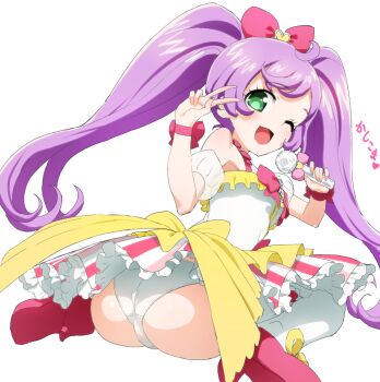 1girl ass bare_shoulders blush breasts green_eyes holding holding_microphone kashikoma! loli long_hair looking_at_viewer manaka_laala microphone one_eye_closed open_mouth panties pantyshot polpol pretty_series pripara purple_hair sitting small_breasts smile solo twintails underwear v wariza white_panties