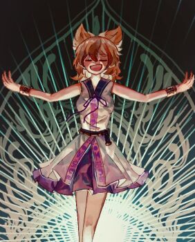 1girl artist_collaboration black_background bracer brown_hair closed_eyes commentary_request cowboy_shot ebimikosama35 neck_ribbon open_mouth outstretched_arms pointy_hair purple_ribbon purple_skirt ribbon shinjitsu_no_kuchi shirt short_hair skirt sleeveless sleeveless_shirt smile solo spread_arms touhou toyosatomimi_no_miko white_shirt