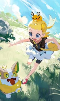 1girl :d bike_shorts blonde_hair blue_eyes bonnie_(pokemon) brown_shirt cloud commentary_request day dedenne gen_6_pokemon gen_8_pokemon grass korean_commentary leg_up looking_down medium_hair nintendo on_head open_mouth outdoors pink_shoes pokemon pokemon_(creature) pokemon_on_head pokemon_xy pokesudal rock running shirt shoes skirt sky smile teeth tongue white_skirt yamper