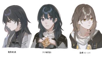 3girls black_hair blue_eyes brown_hair chief_(path_to_nowhere) closed_mouth commentary_request crossover earrings female_byleth_(fire_emblem) female_chief_(path_to_nowhere) fire_emblem fire_emblem:_three_houses green_hair hair_between_eyes hairstyle_connection highres honkai:_star_rail honkai_(series) jewelry kabocha_(kabocha0726) long_hair looking_at_viewer multiple_crossover multiple_girls nintendo path_to_nowhere portrait simple_background stelle_(honkai:_star_rail) trailblazer_(honkai:_star_rail) wavy_hair white_background yellow_eyes