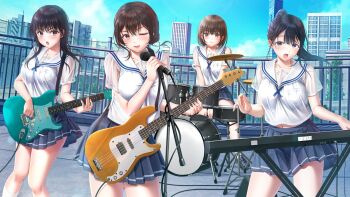 4girls ;d artist_request black_hair blue_skirt blue_sky breasts brown_eyes brown_hair closed_mouth commentary_request day drum drum_set electric_guitar guitar highres holding holding_guitar holding_instrument holding_microphone instrument konomi_yui long_hair looking_at_viewer medium_breasts microphone microphone_stand momojiri_serika multiple_girls navel one_eye_closed open_mouth pink_eyes pleated_skirt ponytail railing rooftop sailor_collar school_uniform see-through_clothes see-through_sleeves seifuku_kanojo serafuku shirt short_hair skirt sky smile tamayori_himari white_sailor_collar white_shirt yahiro_mio