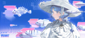 1girl absurdres ascot blue_background blue_eyes blue_hair blush braid braided_ponytail commentary english_commentary fish fish_skeleton flower flower_hairpin hair_ornament hairpin hat hat_flower highres large_hat looking_to_the_side nu_liang_016 picture_hat ponytail puffy_sleeves seed_(zenless_zone_zero) shirt smile solo teeth white_ascot white_flower white_hat white_shirt zenless_zone_zero