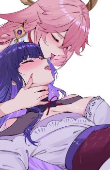 2girls absurdres animal_ears arnkun blush breasts cleavage closed_eyes clothing_cutout earrings floppy_ears fox_ears genshin_impact hand_around_neck highres japanese_clothes jewelry kimono large_breasts lying mole mole_under_eye multiple_girls on_back pink_hair pink_nails purple_hair purple_kimono purple_sash raiden_shogun saliva saliva_swap saliva_trail sash shoulder_cutout tongue tongue_out yae_miko yuri