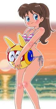 Rule 34 | 1girl, ^ ^, bikini, blue eyes, breasts, brown hair, carrying, closed eyes, closed mouth, commentary request, cropped, genji tsuushin agedama, heike ibuki, horizon, knees together feet apart, long hair, looking at viewer, mizutani kenta, non-humanoid robot, ocean, orange sky, pink bikini, ponytail, robot, sandals, side-tie bikini bottom, sky, small breasts, smile, standing, striped bikini, striped clothes, sun, sunset, swimsuit, warpro (genji tsuushin agedama)