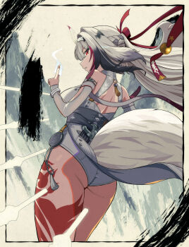 1girl absurdres alternate_form animal_ears armlet ass back_tattoo bare_shoulders black_hair body_markings bracelet braid breasts china_dress chinese_clothes commentary_request detached_sleeves dress droopy_ears fox_ears fox_girl from_behind grey_hair hair_ribbon highres horns jewelry junmin korean_commentary leg_tattoo leotard long_hair looking_at_viewer looking_back metal_bracelet multicolored_hair official_alternate_hair_color official_alternate_hair_length official_alternate_hairstyle parted_lips red_eyes red_ribbon ribbon see-through_horns silver_armlet silver_bracelet single_horn solo tail tattoo textless_version thighs underbutt very_long_hair white_hair white_leotard ye_shunguang zenless_zone_zero