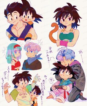 3boys 3girls ? age_difference aqua_hair arm_at_side armor armpit_crease bare_arms barefoot behind_another belt black_eyes blazer blue_eyes blue_hair blue_neckerchief blush bra_(dragon_ball) breasts brother_and_sister brothers brown_socks carrying character_name cheek_press chin_rest chinese_clothes choppy_bangs closed_eyes closed_mouth clothes_tug collarbone controller crop_top cropped_torso curtained_hair dougi dragon_ball dragon_ball_gt dragon_ball_minus dragon_ball_super dragon_ball_super_broly dragonball_z earrings elbow_gloves eyelashes game_controller gine gloves hairband hand_on_own_arm hands_up happy head_on_head head_rest height_difference highres hood hood_down hoop_earrings jacket jewelry kneeling leaning_on_person light_smile looking_at_another looking_at_viewer looking_back looking_up medium_breasts medium_hair messy_hair monkey_tail multiple_boys multiple_girls neck_ring neckerchief no_shoes nose_blush notice_lines nuzzle obi open_mouth pan_(dragon_ball) pants parted_lips pectoral_cleavage pectorals piggyback puff_of_air purple_hair purple_pants purple_sleeves raglan_sleeves red_belt red_gloves red_hairband red_sash saiyan_armor sash serious shirt_tug short_hair siblings simple_background single_bang slit_pupils socks son_gohan son_goten sparkle speech_bubble spoken_question_mark straight_hair surprised swept_bangs tail tangzhuang tareme thick_eyebrows toggles tokuura translation_request trunks_(dragon_ball) tsurime twitter_username uncle_and_niece undercut very_short_hair white_background wristband