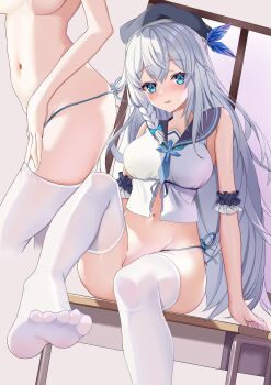 1girl absurdres adjusting_clothes adjusting_legwear arms_at_sides bare_shoulders beret black_hat blue_bow blue_eyes blue_panties blue_sailor_collar blush bow braid breasts chinese_commentary commentary cross_hat_ornament desk dutch_angle embarrassed eyelashes eyes_visible_through_hair feet foot_out_of_frame foot_up frilled_arm_strap grey_hair groin hair_between_eyes hair_bow hat hat_feather highres knee_up listjoy long_hair looking_at_viewer medium_breasts multiple_views navel no_shoes nose_blush on_desk open_mouth original panties presenting_foot sailor_collar sailor_shirt shirt side-tie_panties simple_background single_braid sitting sleeveless sleeveless_shirt soles stomach thighhighs thighs toes underboob underwear very_long_hair white_shirt white_thighhighs