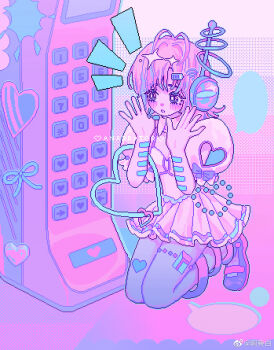 1girl anklet antenna_hair apangbai_(anarrator) artist_name bandaid bandaid_on_arm blank_speech_bubble blue_eyes blue_outline blue_pantyhose blue_ribbon blush bow bright_pupils clothing_cutout dress frilled_sleeves frills full_body gradient_background hair_intakes hands_up headphones headset heart heart_cutout heart_print highres jewelry kneeling leglet limited_palette looking_ahead mary_janes medium_hair notice_lines original outline oversized_object pantyhose parted_lips pastel_colors phone pink_background pink_hair pixel_art pleated_skirt puffy_short_sleeves puffy_sleeves purple_bow purple_shoes ribbon shoes short_dress short_sleeves shoulder_cutout skirt sleeve_bow solo sparkle speech_bubble surprised talking thigh_strap two-sided_sleeves watermark weibo_watermark white_dress white_pupils