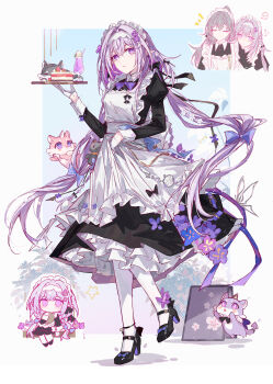 2girls absurdres alternate_costume apron black_dress black_shoes cake castorice_(honkai:_star_rail) chibi chimera_(honkai:_star_rail) chinese_commentary commentary_request cup dress enmaided food full_body gloves grey_hair hairband half_gloves high_heels highres honkai:_star_rail honkai_(series) long_hair low_twintails maid maid_apron maid_headdress multiple_girls multiple_views pantyhose parted_lips pointy_ears ponytail purple_eyes purple_hair revision shoes simple_background standing stelle_(honkai:_star_rail) trailblazer_(honkai:_star_rail) tray twintails very_long_hair white_gloves white_hairband white_pantyhose yajuu