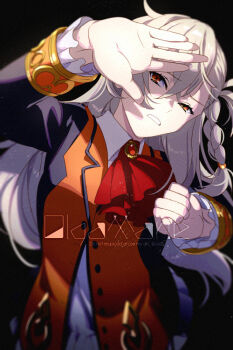 1girl ascot asymmetrical_bangs black_jacket braid breasts brooch collared_dress commentary_request covering_own_eyes dress echo_(circa) fate/grand_order fate_(series) grey_hair half-closed_eyes jacket jewelry long_hair long_sleeves looking_at_viewer medium_breasts multicolored_jacket olga_marie_animusphere orange_eyes orange_jacket side_braid solo two-tone_jacket white_dress