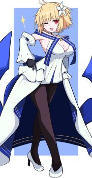 1girl arcueid_brunestud arcueid_brunestud_(mooncancer) bare_shoulders black_gloves blue_ribbon blush breasts brown_pantyhose cleavage crossed_legs detached_sleeves dress fate/grand_order fate_(series) flower gloves gold_trim hair_flower hair_ornament hand_on_own_hip high_heels highres huge_breasts large_breasts one_eye_closed pantyhose red_eyes ribbon smile sparkle standing tsukihime tsukihime_(remake) white_dress wink_star yuntaro_(ramen_star)