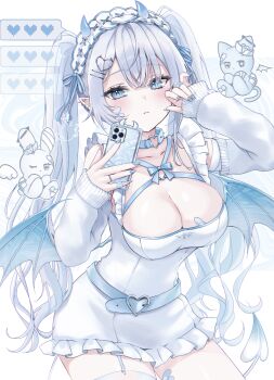 Rule 34 | 1girl, absurdres, bandaid, bandaid on breast, bandaid on cheek, bandaid on face, bandaid on thigh, belt, belt around waist, blue belt, blue eyes, blue horns, blue nails, blue ribbon, blue trim, blue wings, blush, breasts, cellphone, choker, cleavage, closed mouth, collar, collarbone, commentary request, demon horns, demon tail, demon wings, detached sleeves, dialogue box, dress, familiar, frilled dress, frills, garter straps, hair between eyes, hair ornament, hairclip, hands up, head tilt, heart, heart choker, heart hair ornament, heart o-ring, highres, holding, holding phone, horns, klee-on, long hair, long sleeves, looking at viewer, low wings, medium breasts, nail polish, o-ring, o-ring choker, original, parallel hairclips, phone, pixel heart, pointy ears, ribbon, sidelocks, simple background, single garter strap, sleeves past wrists, small horns, smartphone, solo, spiked collar, spikes, tail, taking picture, thighhighs, thighs, twintails, very long hair, white background, white dress, white hair, white headdress, white thighhighs, wings