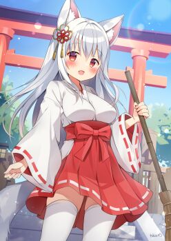 1girl :d animal_ear_fluff animal_ears blush breasts broom commentary_request cowboy_shot day fox_ears fox_girl fox_tail hakama hakama_short_skirt hakama_skirt highres holding holding_broom japanese_clothes kimono long_hair long_sleeves medium_breasts nontraditional_miko open_mouth original outdoors red_eyes red_hakama ribbon-trimmed_sleeves ribbon_trim signature skirt smile solo tail thighhighs tobio_illust torii white_hair white_kimono white_thighhighs wide_sleeves