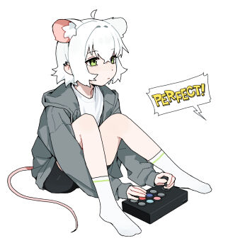 ahoge animal_ear_fluff animal_ears black_shorts controller earrings game_controller go!_go!_gris! green_eyes highres jacket jewelry knees_up mouse_ears mouse_girl mouse_tail open_clothes open_jacket original perl_(go!_go!_gris!) shirt short_hair shorts sitting socks tail vertigris white_background white_hair white_shirt white_socks