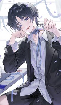 1boy absurdres blue_eyes blue_hair blue_ribbon cake confetti food fork genshin_impact head_on_hand highres holding holding_fork male_focus ribbon scaramouche_(genshin_impact) shirt solo tongue tongue_out toria_(toriaa_27) wanderer_(genshin_impact) white_shirt