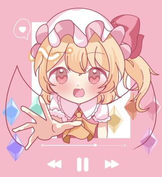 Rule 34 | 1girl, ascot, blonde hair, blush, chibi, crystal, crystal wings, embodiment of scarlet devil, flandre scarlet, hat, looking at viewer, mob cap, open mouth, pink background, puffy short sleeves, puffy sleeves, red eyes, red vest, shirt, short hair, short sleeves, side ponytail, simple background, smile, solo, touhou, upper body, vest, white shirt, wings, yellow ascot, yunon1421