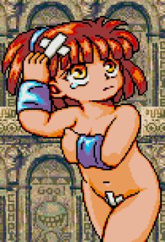1girl arle_nadja bandaid bandaid_on_head bandaid_on_pussy brown_eyes brown_hair collarbone covering_breasts covering_privates crossed_bandaids flat_chest hand_on_own_head leaning_forward looking_up madou_monogatari maebari navel nude pixel_art ponytail puyopuyo saiwai_hiroshi sega short_hair standing tears wristband