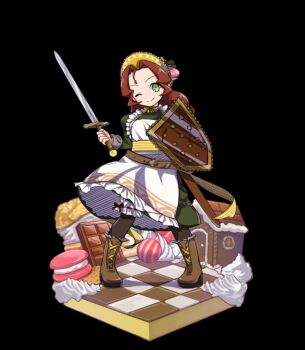 1girl absurdres apron black_background black_pantyhose bloomers blush boots bow brown_boots brown_hair chocolate closed_mouth cookie_(merc_storia) cream cream_puff curtained_hair dress food frilled_apron frills full_body green_dress highres holding holding_shield holding_sword holding_weapon long_hair long_sleeves macaron maid maid_apron merc_storia merc_storia_art_team official_art one_eye_closed pantyhose puffy_sleeves sheath shield simple_background smile solo standing sweets_house sword tachi-e underwear weapon white_apron yellow_bow