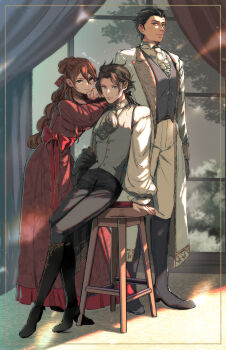 1girl 2boys alternate_costume arm_on_another's_shoulder arm_support ascot black_boots black_bow black_pants boots bow bright_pupils brown_eyes brown_hair carpet cheekbones choker closed_mouth commentary_request curtains cyrus_albright dress earrings formal_clothes full_body gold_trim green_eyes grey_vest hair_bow hair_slicked_back highres jacket jewelry leaning_on_person long_hair looking_at_viewer low_ponytail multiple_boys octopath_traveler octopath_traveler_i olberic_eisenberg on_stool pants ponytail primrose_azelhart red_bow red_dress scar scar_on_face scar_on_forehead short_hair sitting stool sweatdrop u_arca_u vest waist_bow white_ascot white_jacket white_pants white_pupils window