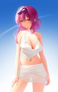 1girl absurdres artist_name breasts cleavage collarbone commentary eyewear_on_head highres honkai:_star_rail honkai_(series) kafka_(honkai:_star_rail) long_hair lyusiola navel parted_lips purple_eyes purple_hair skirt sky solo white_skirt